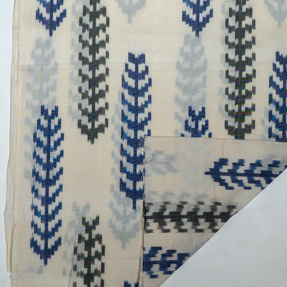 White Base Blue Leaf Pattern Cotton Handloom Ikat (SKU: IK-127)