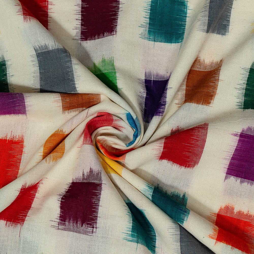 White Base Multicolor Square Design Cotton Handloom Double Ikat (SKU: IKK-501)