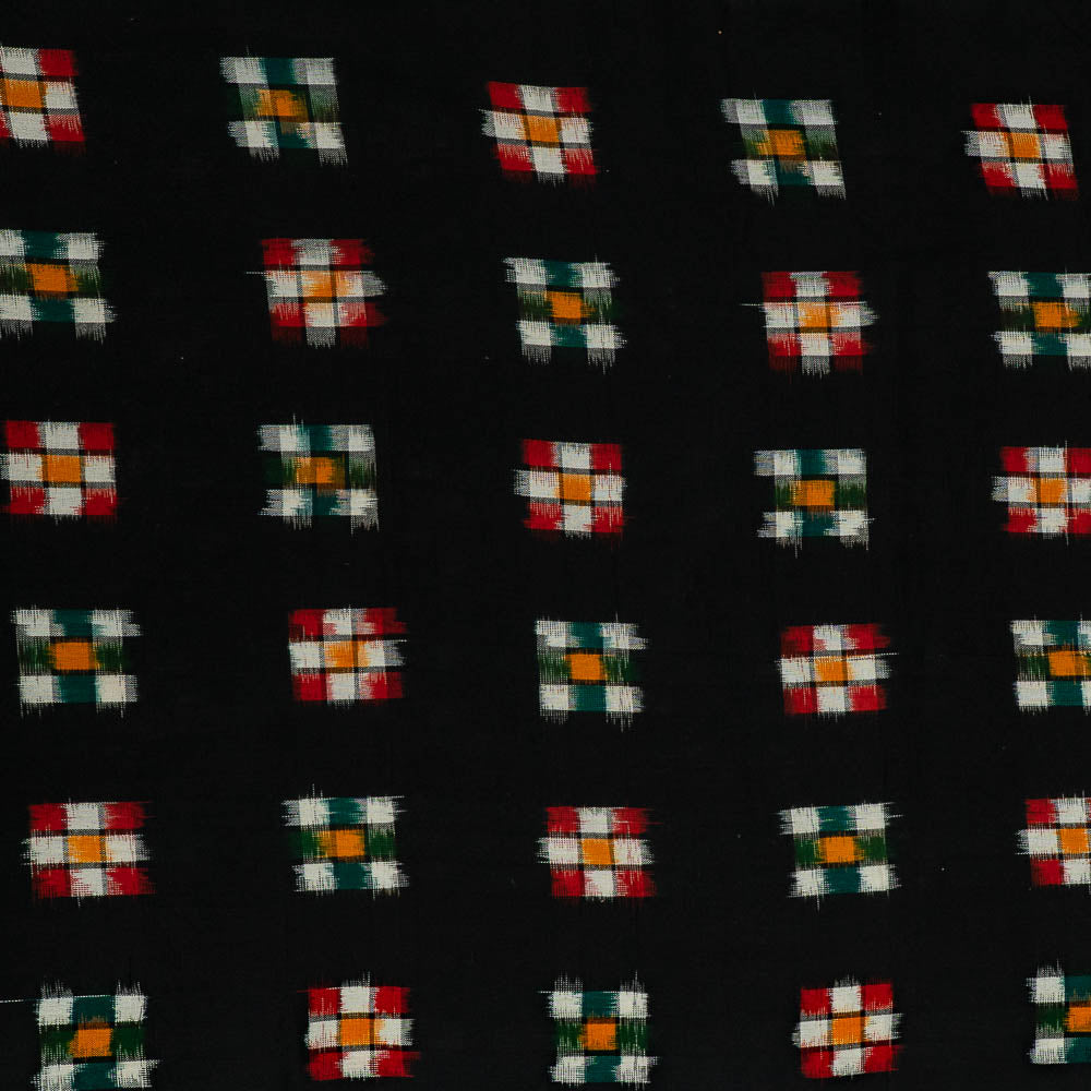 Black Base Multicolor Checks Cotton Handwoven Double Ikat Fabric for Dress Material | Width: 44"