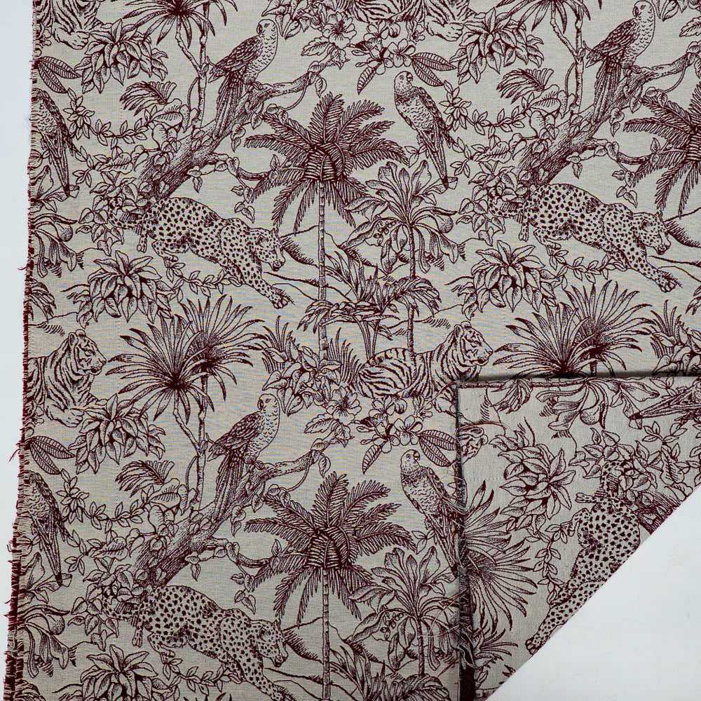 Red Tropical Jungle Animal Pattern Cotton Blend Jacquard (Width: 54 inches or 137 cm)