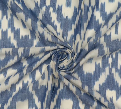 Blue with White Color Cotton Ikat Fabric (Sku: IKK-507)