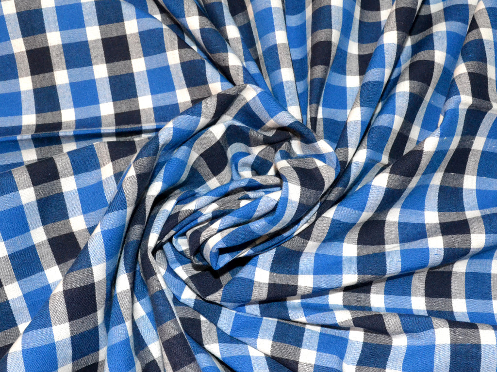 Blue, Black & White Cotton Check For Shirting
