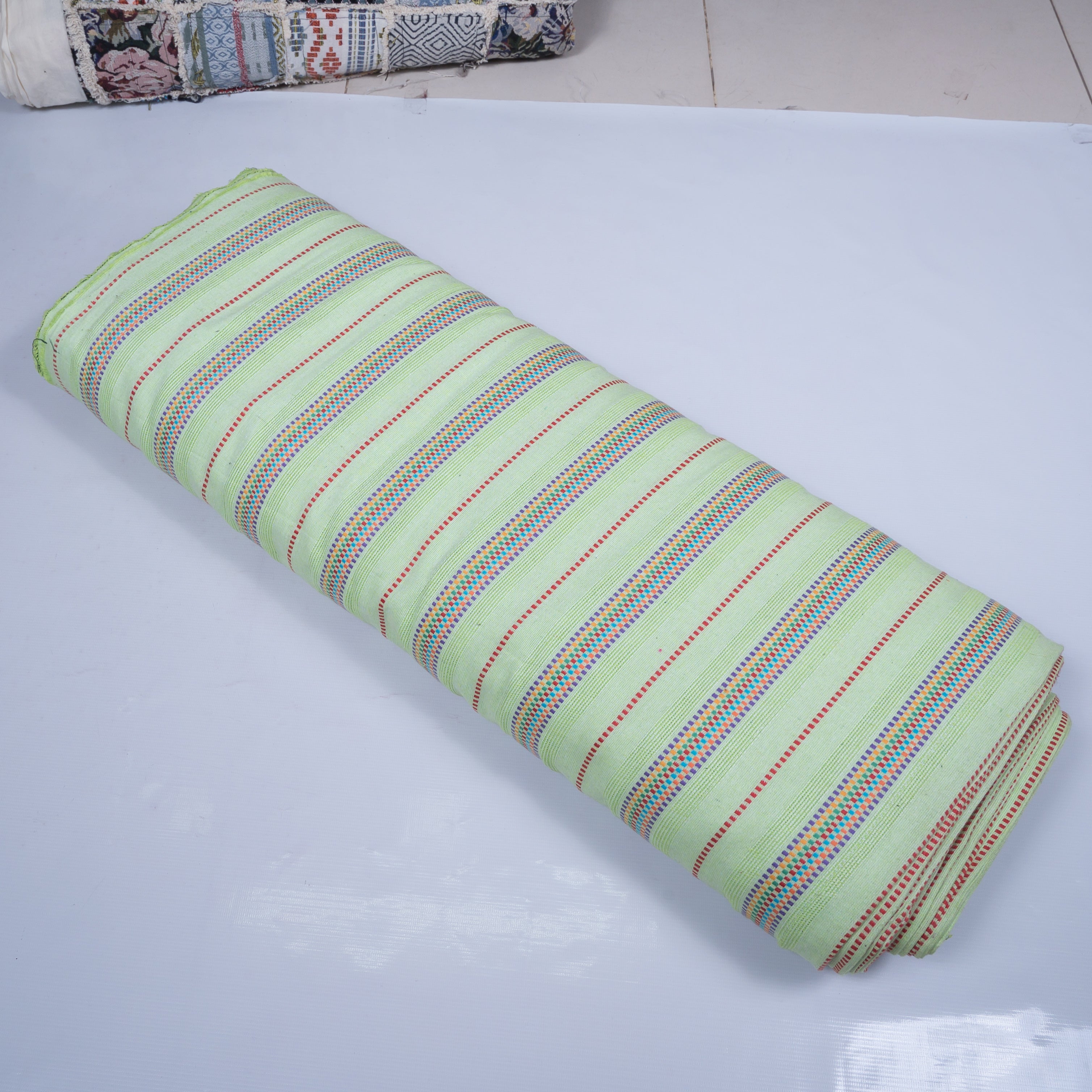 Green Base Multi Color Stripe Cotton Blend Jacquard