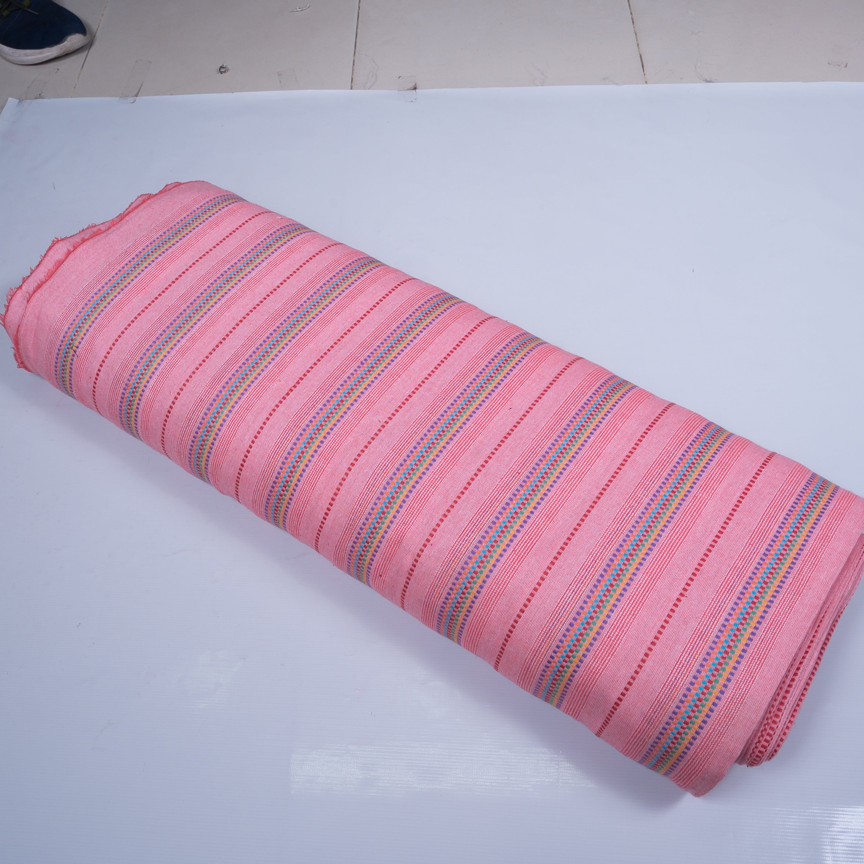 Pink Base Multi Color Stripe Cotton Blend Jacquard