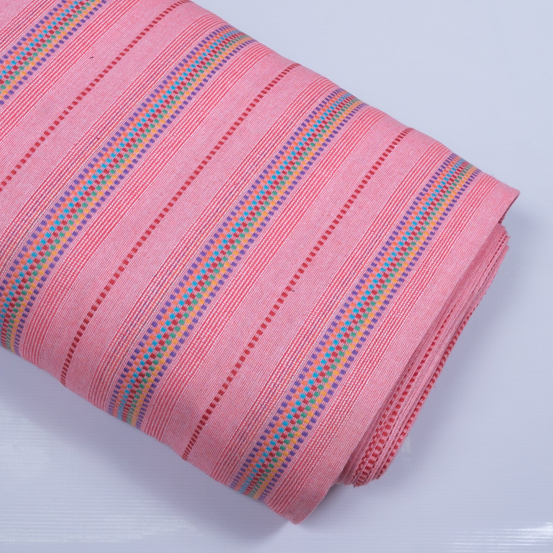 Pink Base Multi Color Stripe Cotton Blend Jacquard