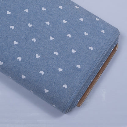 Powder Blue Screen Print Small Hearts Design Chambray Fabric