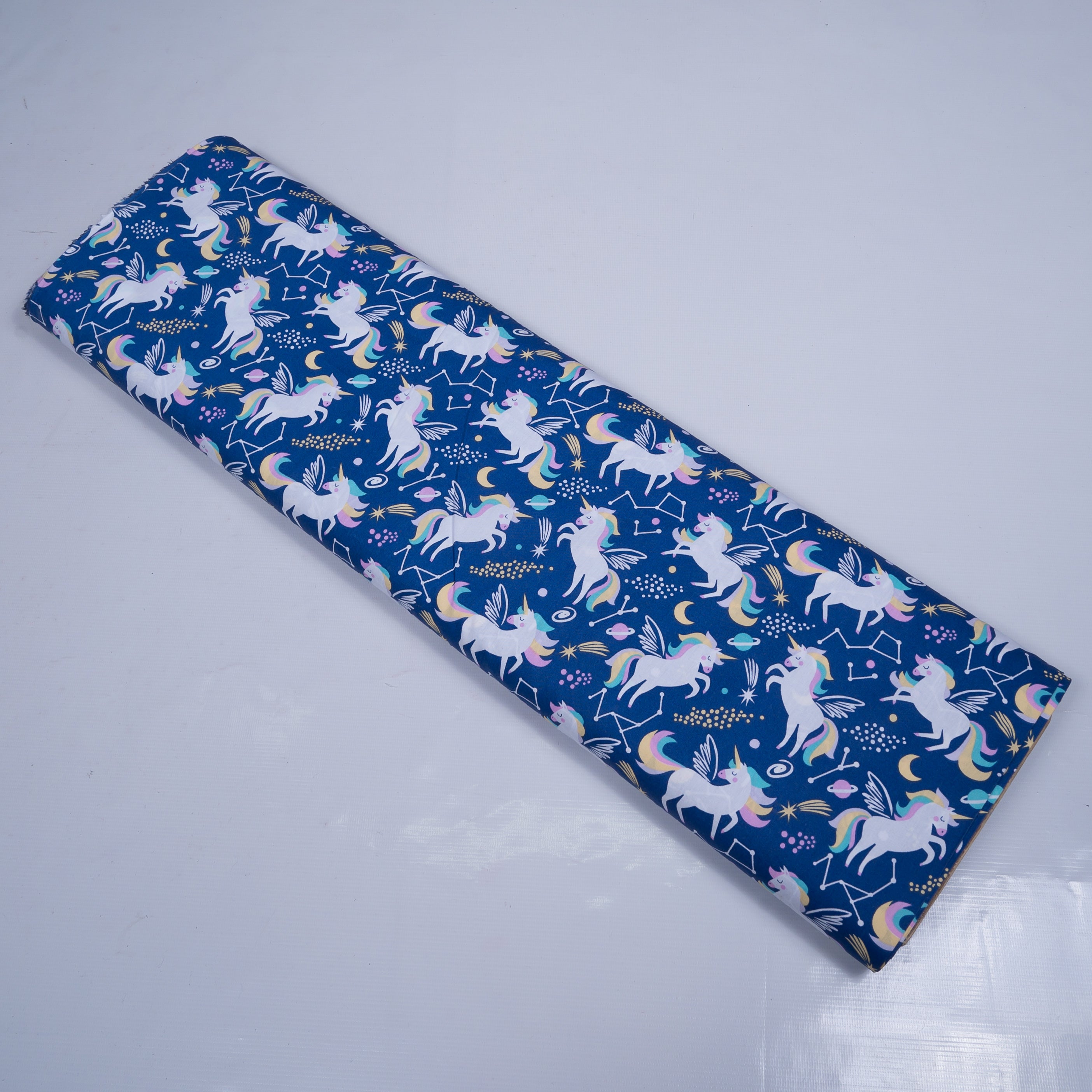 Blue Base Unicorn Cotton Print Fabric (Width 58")