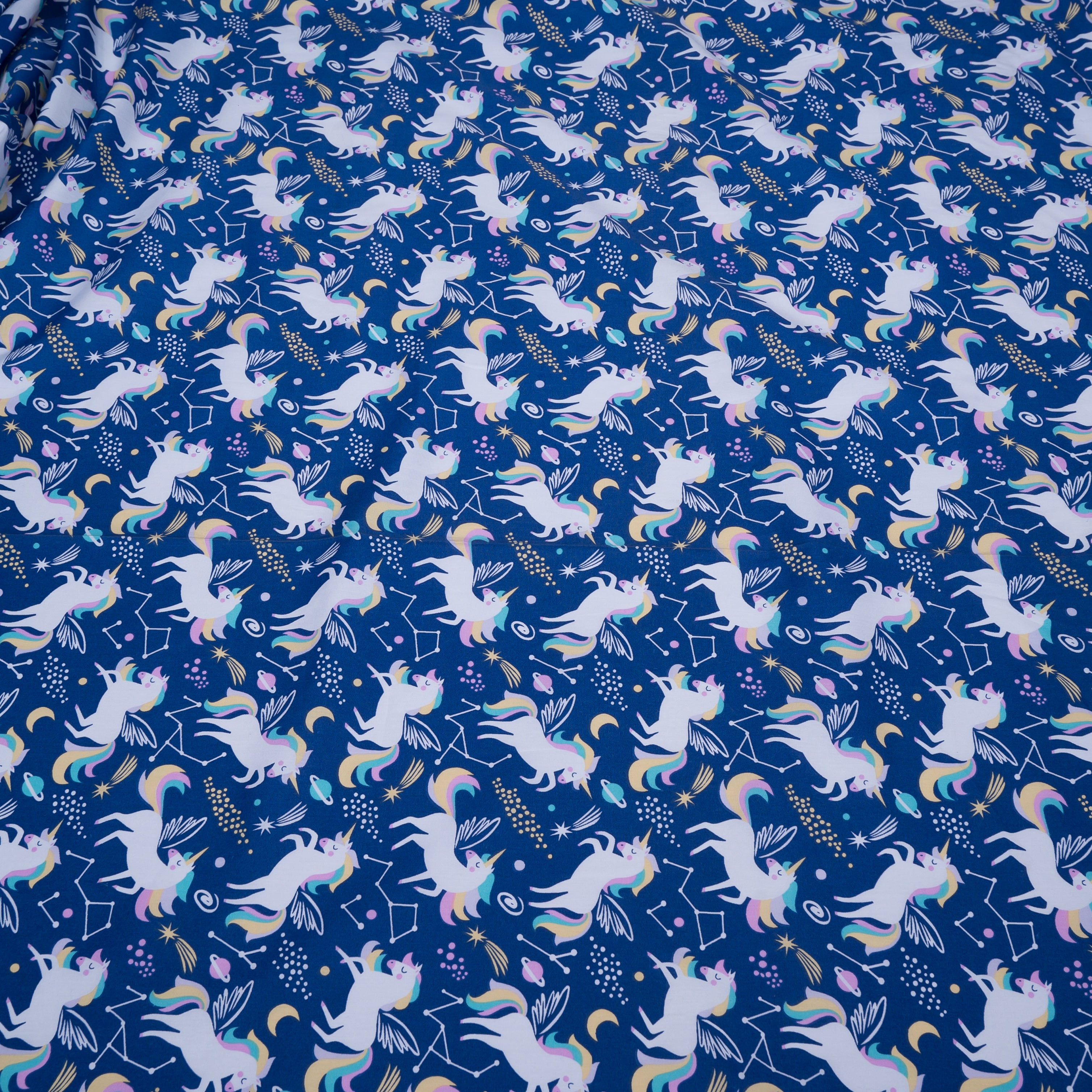 Blue Base Unicorn Cotton Print Fabric