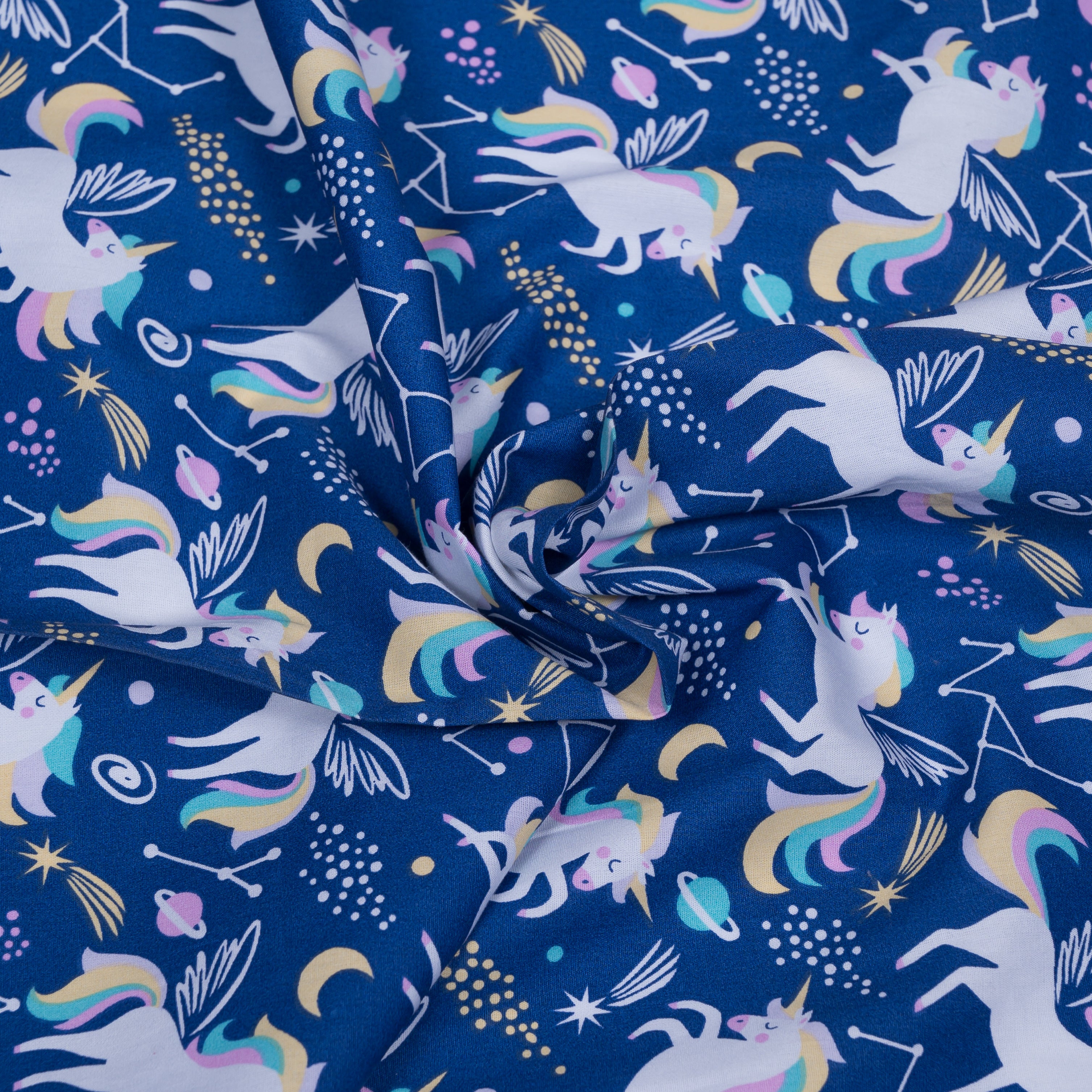 Blue Base Unicorn Cotton Print Fabric (Width 58")