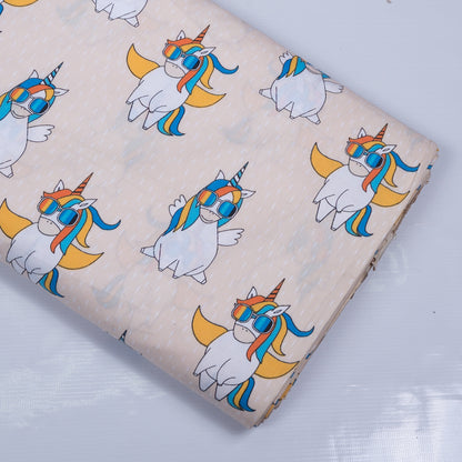 Beige Base Unicorn Screen Print Design Cotton Poplin Fabric