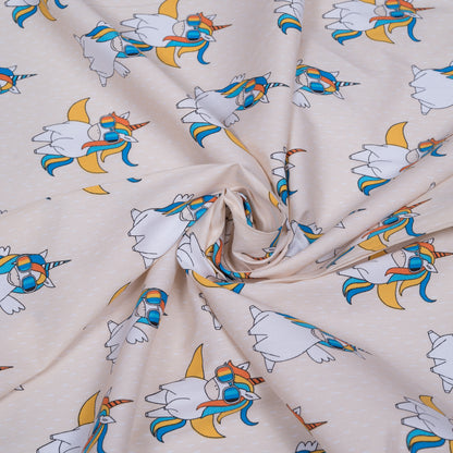 Beige Base Unicorn Screen Print Design Cotton Poplin Fabric