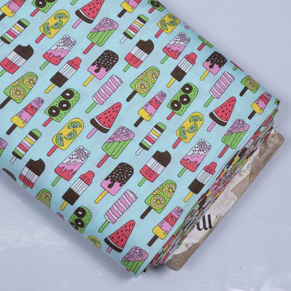 Multicolor Screen Print Icecream Design Cotton Poplin Fabric
