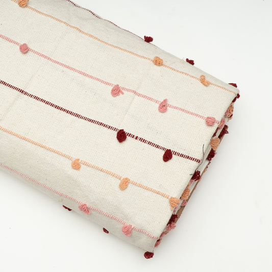 White, Red Pompom Cotton Jacquard Fabric (Sku: JDD-375)