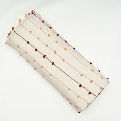 White, Red Pompom Cotton Jacquard Fabric | SKU: JDD-375