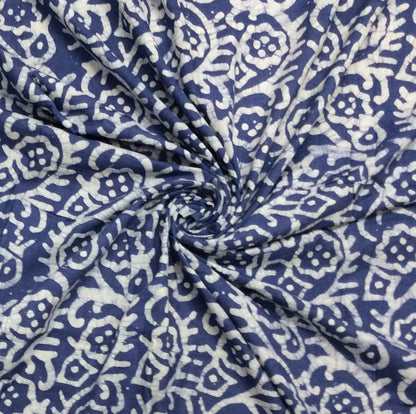 Blue, White Cotton Hand Block Print Fabric (SKU: B-115)