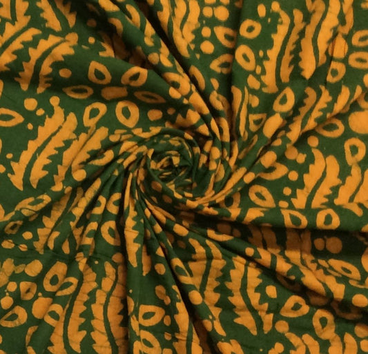 Green, Yellow color Cotton Hand Block Print Fabric (SKU: B-119)