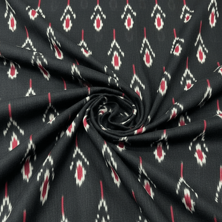 Red & Black Mercerised Cotton Handloom Mulmul Ikat Fabric for Dress Material | Width: 44"