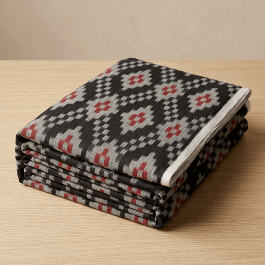 Black & Grey Design Fine Quality Handloom Cotton Ikat Fabric for Dresses | Width: 44"