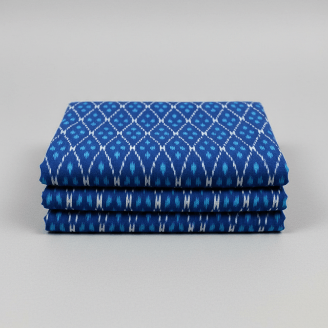 Blue, White Design Mercerised Cotton Handloom Ikat Fabric for Dress Material | Width: 44"