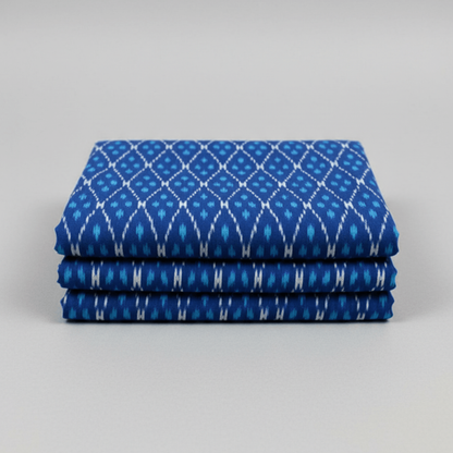 Blue, White Design Mercerised Cotton Handloom Ikat Fabric for Dress Material | Width: 44"