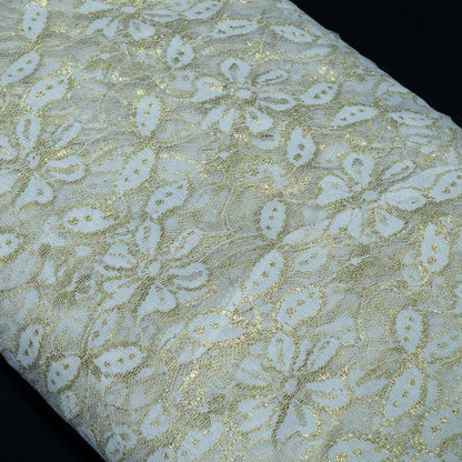 Off White Floral Design Dyeable Cotton Nylon Lurex Net | SKU: CN-6