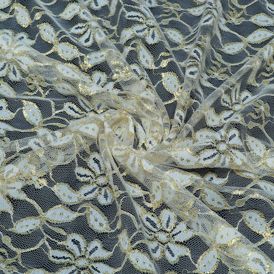 Off White Floral Design Dyeable Cotton Nylon Lurex Net | SKU: CN-6