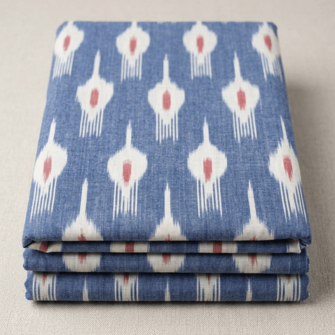 Light Blue, White Design Fine Quality Cotton Handloom Ikat Fabric for Dress Material | Width: 44"
