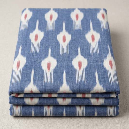 Light Blue, White Design Fine Quality Cotton Handloom Ikat Fabric for Dress Material | Width: 44"