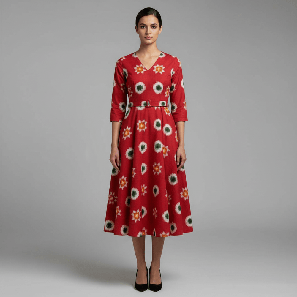 Red Base Multicolor Cotton Handwoven Ikat | 1 Meter (SKU: IK-616)