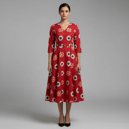 Red Base Multicolor Cotton Handwoven Ikat | 1 Meter (SKU: IK-616)