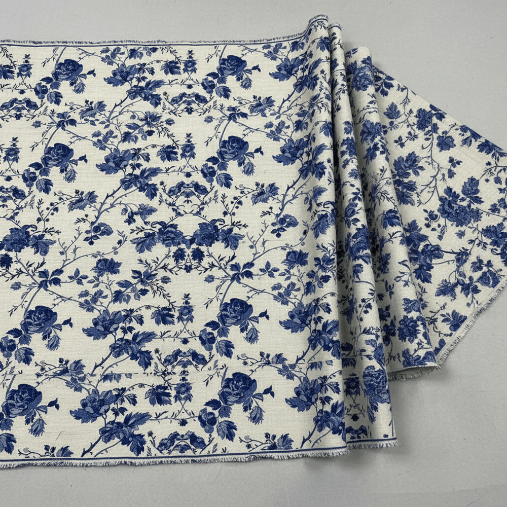 White & Blue Floral Cotton Blend Jacquard (SKU: JDD-490)