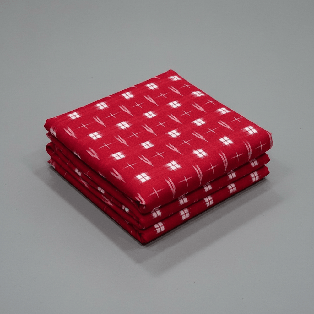 Red & White Handwoven Cotton Double Ikat Fabric for Dresses | Width: 44"