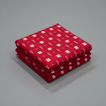 Red & White Handwoven Cotton Double Ikat Fabric for Dresses | Width: 44"