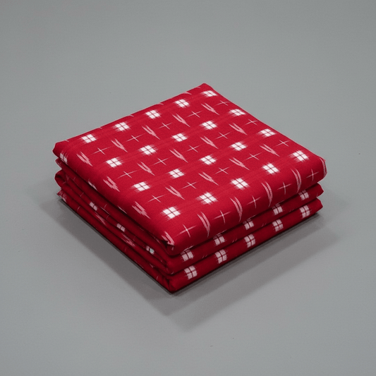 Red & White Handwoven Cotton Double Ikat Fabric for Dresses | Width: 44"