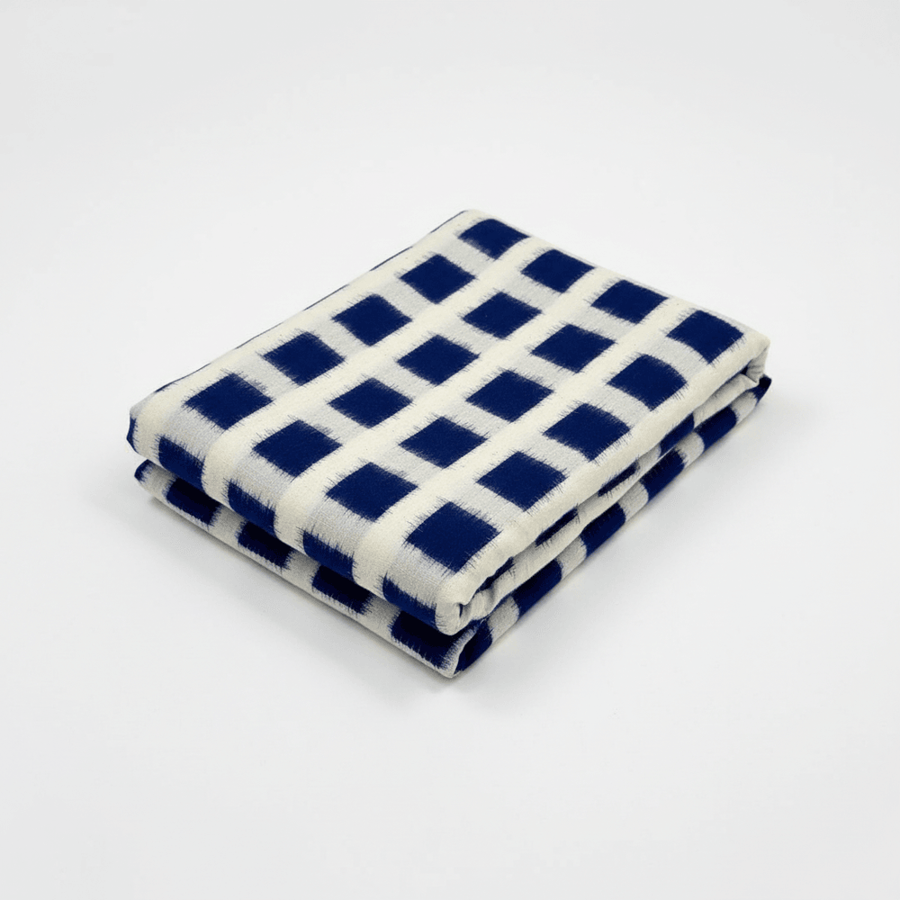 White Base Blue Square Handwoven Cotton Double Ikat Fabric for Dresses | Width: 44"