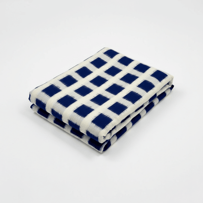 White Base Blue Square Handwoven Cotton Double Ikat Fabric for Dresses | Width: 44"