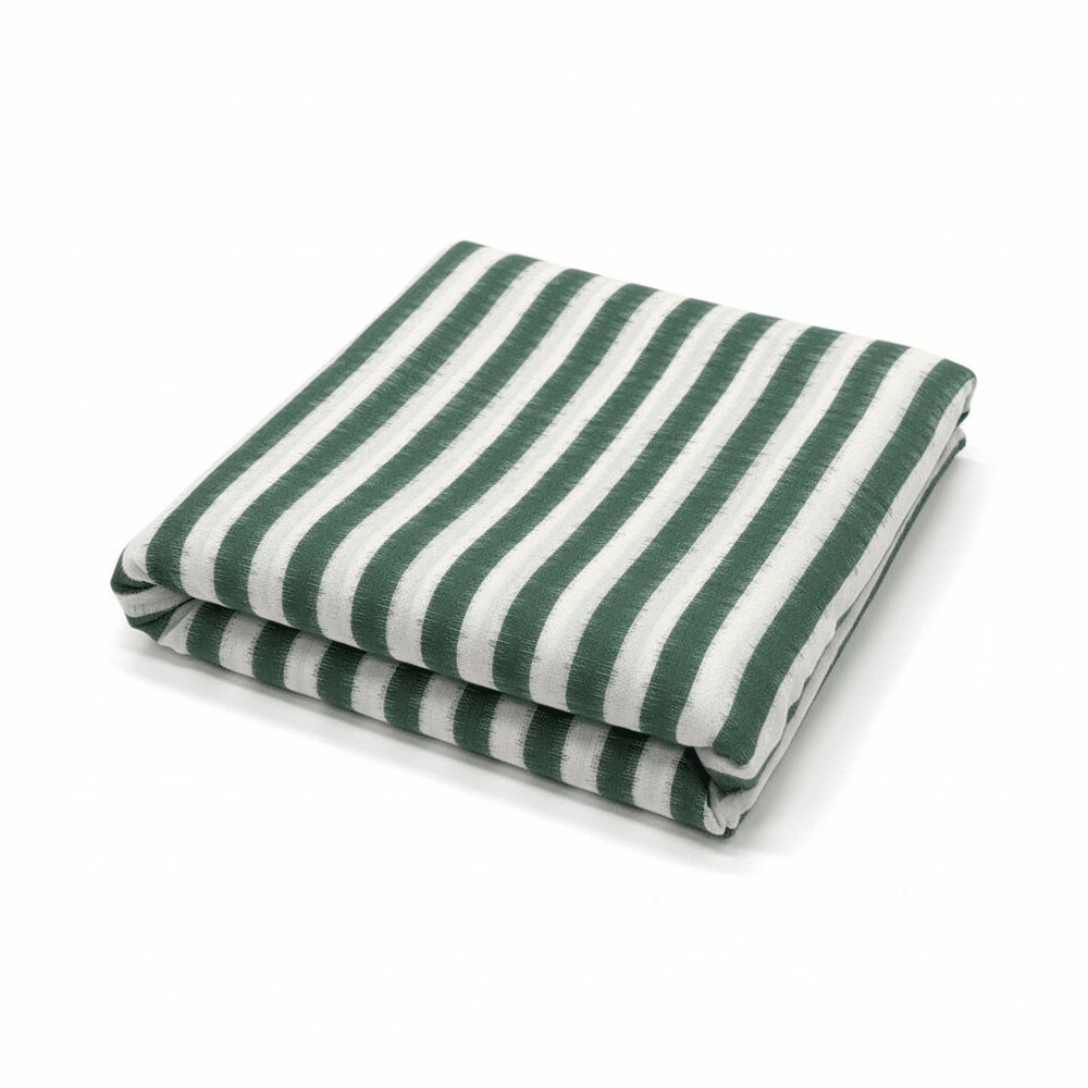 White & Green Stripe Handwoven Cotton Double Ikat Fabric for Dresses | Width: 44"