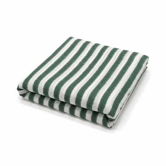White & Green Stripe Handwoven Cotton Double Ikat Fabric for Dresses | Width: 44"
