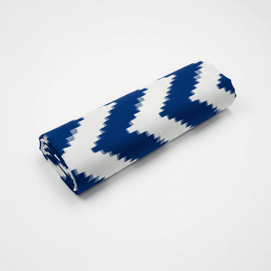 White, Blue Chevron Cotton Handloom Double Ikat | 1 Meter (SKU: IKK-622)