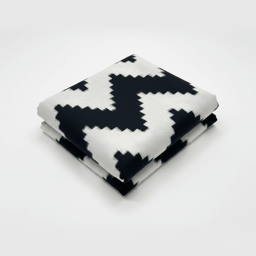 White & Black Chevron Handwoven Cotton Double Ikat Fabric for Dresses | Width: 44"