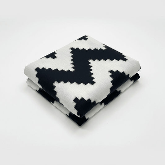 White & Black Chevron Handwoven Cotton Double Ikat Fabric for Dresses | Width: 44"