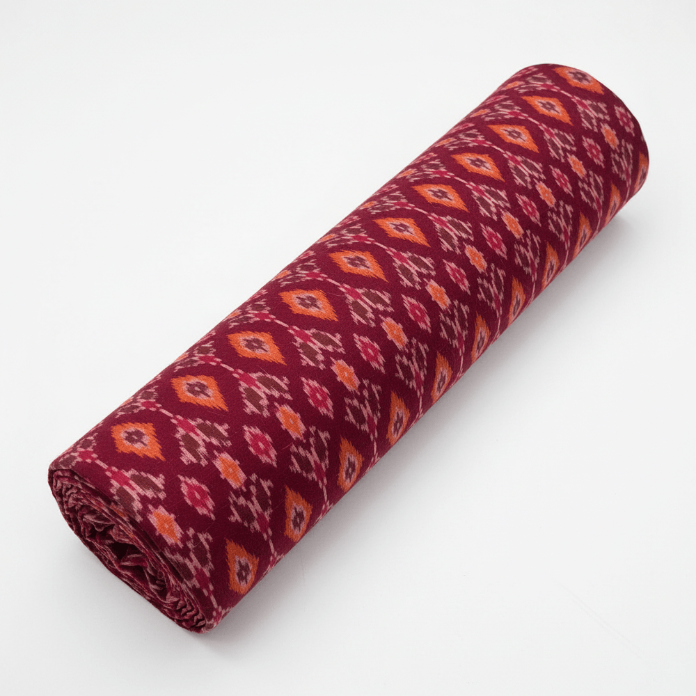 Maroon, Multicolor Handwoven Cotton Silk Ikat Fabric for Dress Material | Width: 44"
