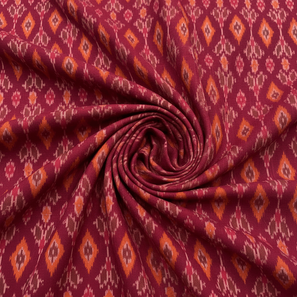 Maroon, Multicolor Handwoven Cotton Silk Ikat Fabric for Dress Material | Width: 44"