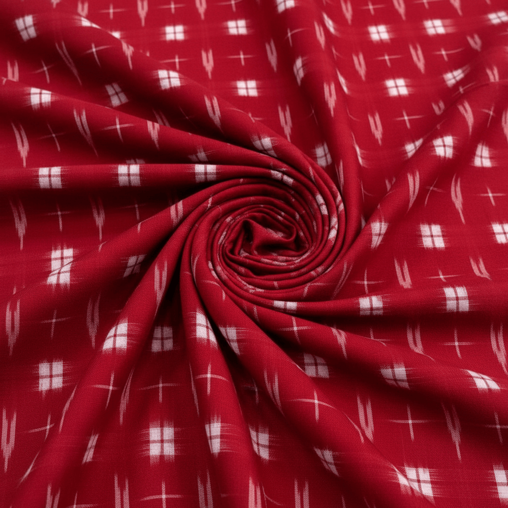 Red & White Handwoven Cotton Double Ikat Fabric for Dresses | Width: 44"