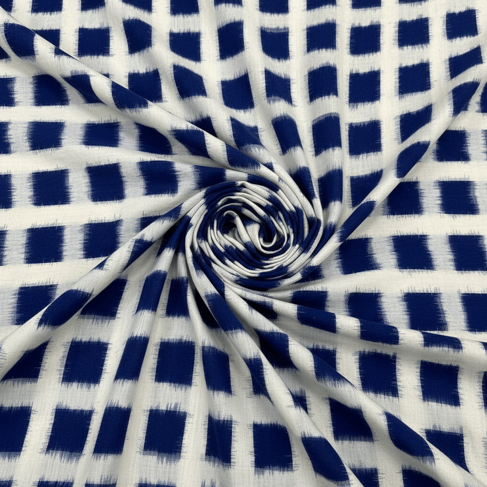 White Base Blue Square Handwoven Cotton Double Ikat Fabric for Dresses | Width: 44"