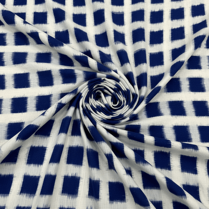 White Base Blue Square Handwoven Cotton Double Ikat Fabric for Dresses | Width: 44"