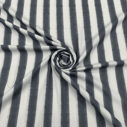 Grey & White Stripes Handwoven Cotton Double Ikat Fabric for Men's Shirt | Width: 44"