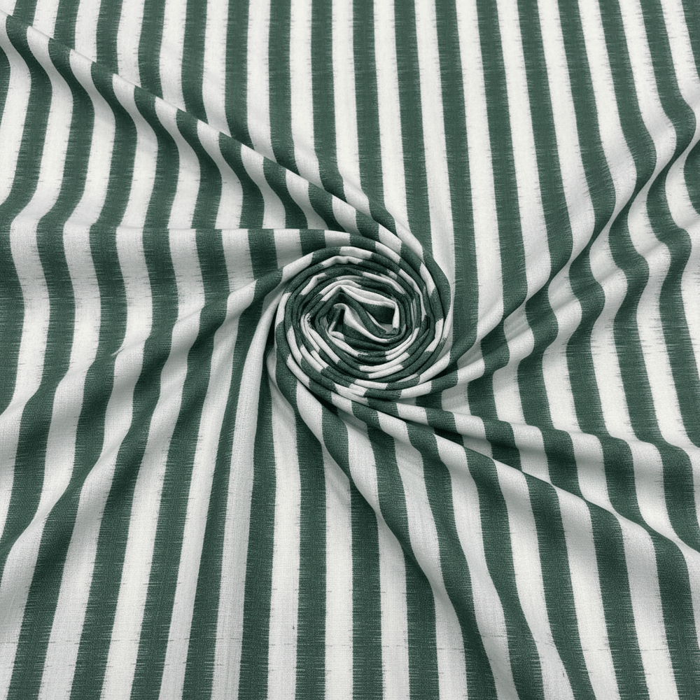 White & Green Stripe Handwoven Cotton Double Ikat Fabric for Dresses | Width: 44"
