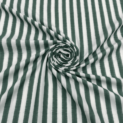 White & Green Stripe Handwoven Cotton Double Ikat Fabric for Dresses | Width: 44"