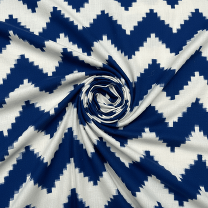 Blue & White Chevron Handwoven Cotton Double Ikat Fabric for Dresses | Width: 44"